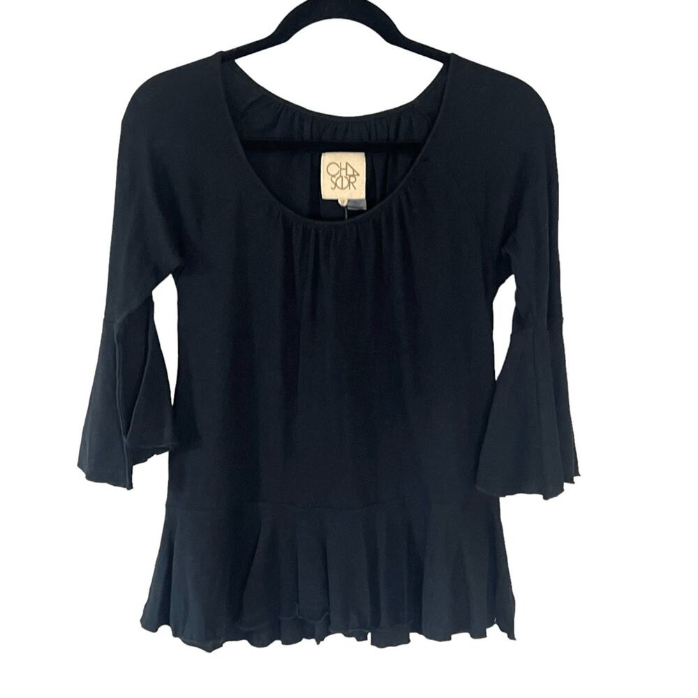 NWT Chaser Shirred Scoop Neck Peplum Top T-Shirt Bell Sleeves Black Sz M
